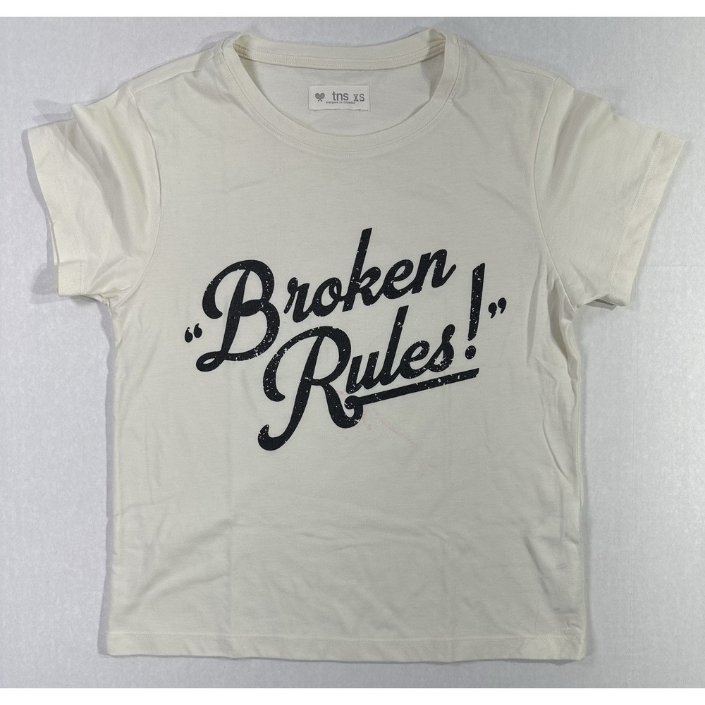 TNS Broken Rules Graphic T-Shirt Cream White XS Casual Tee Distressed Print